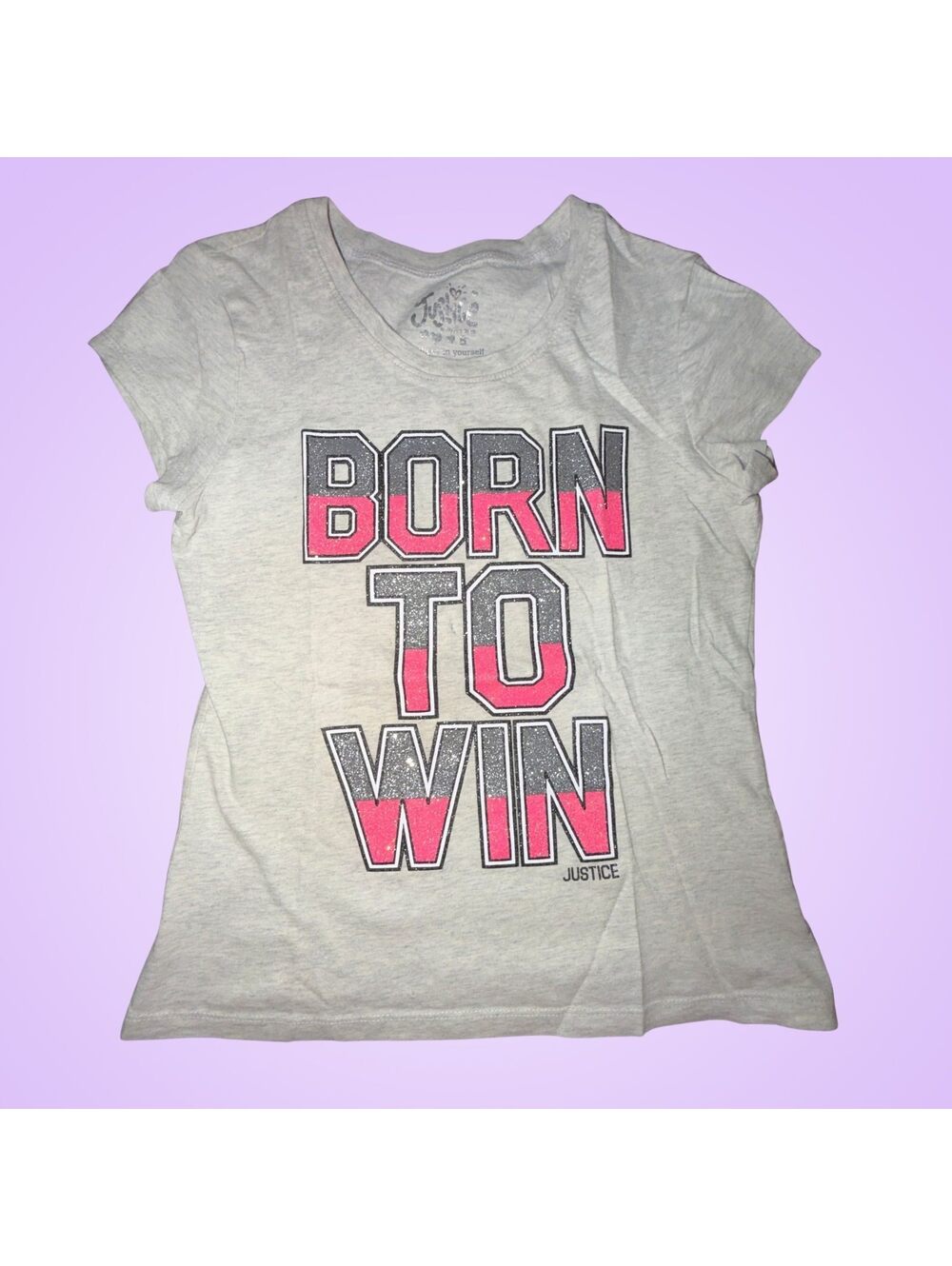 Justice Girls Gray T-Shirt Born To Win Glitter Graphic Short Sleeve Size 8